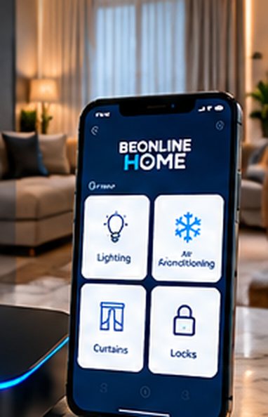 هاتف يعرض واجهة BEONLINE HOME بجانب وحدة التحكم المنزلية