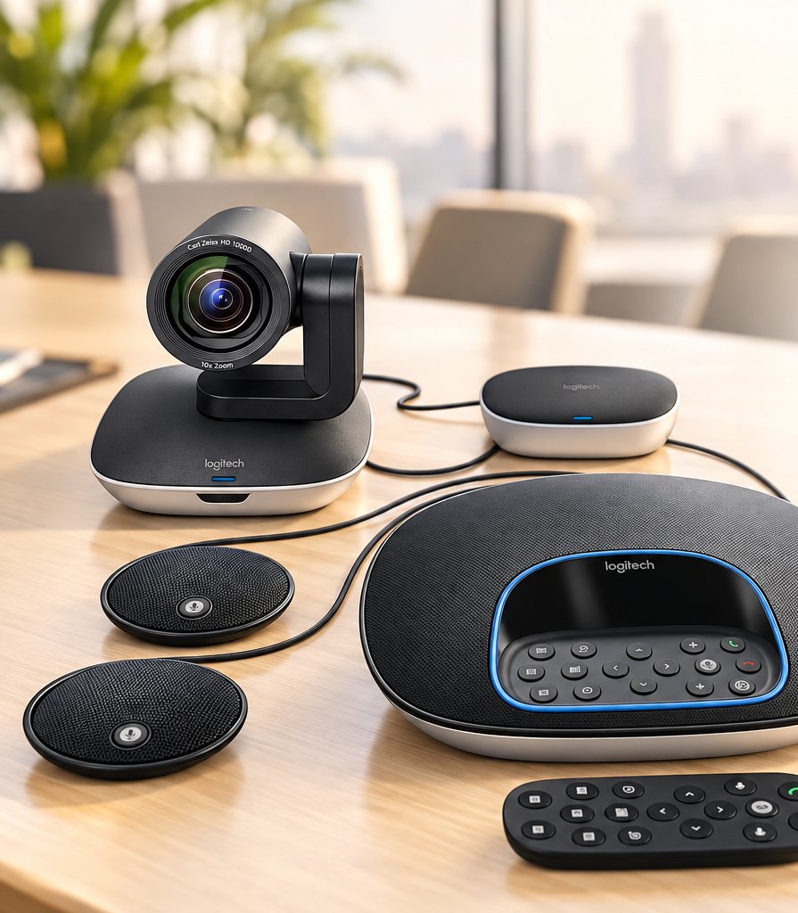 كاميرا اجتماعات ووحدة صوت وميكروفونات من Logitech على طاولة