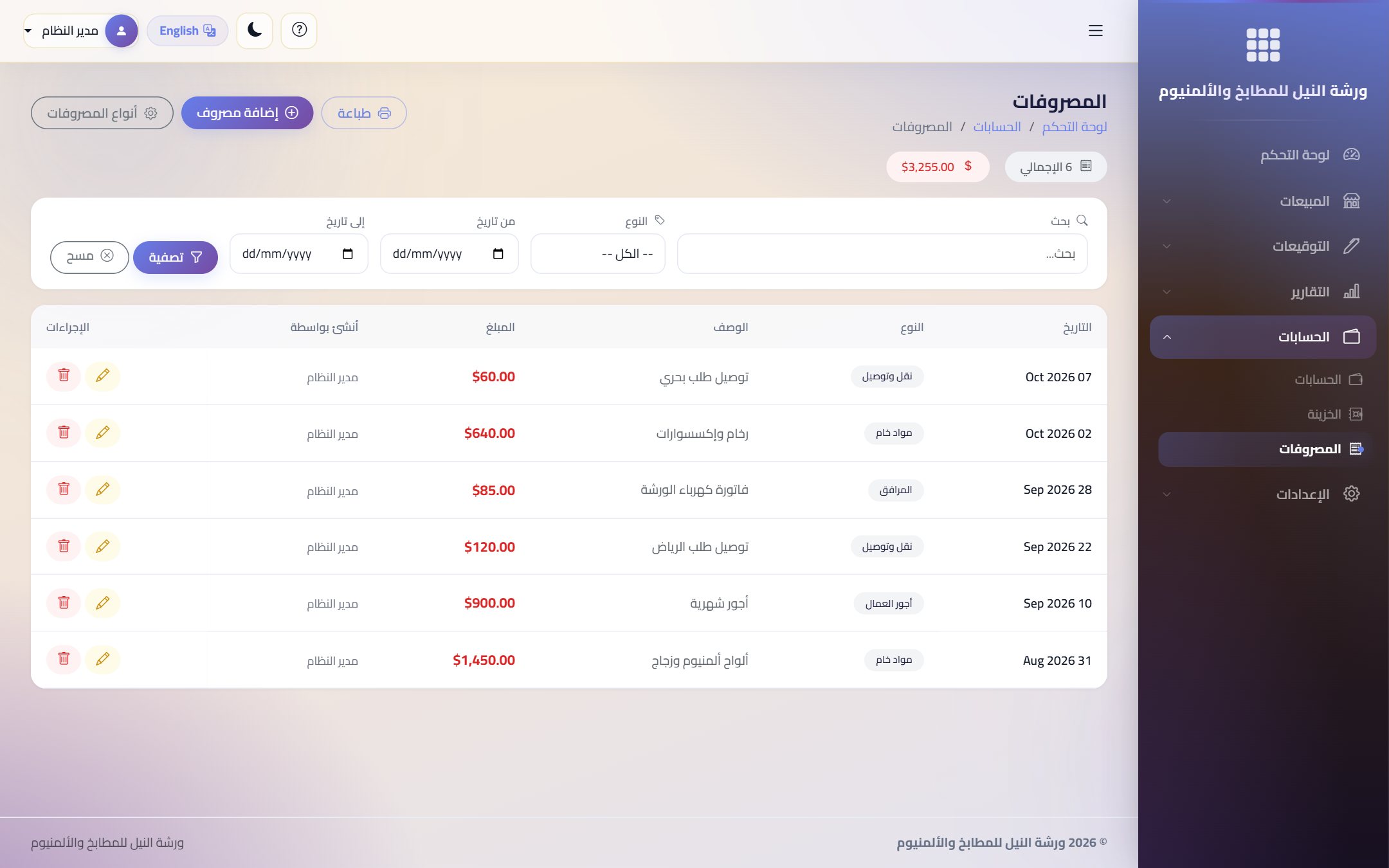 قائمة المصروفات