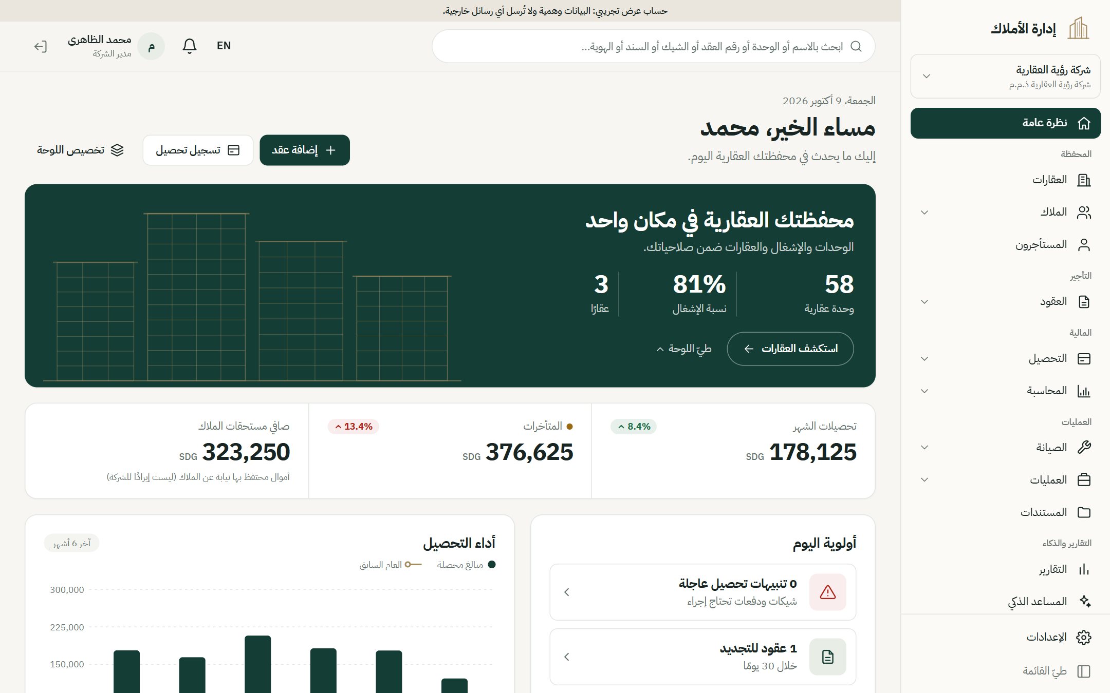 لوحة تحكم نظام إدارة الأملاك
