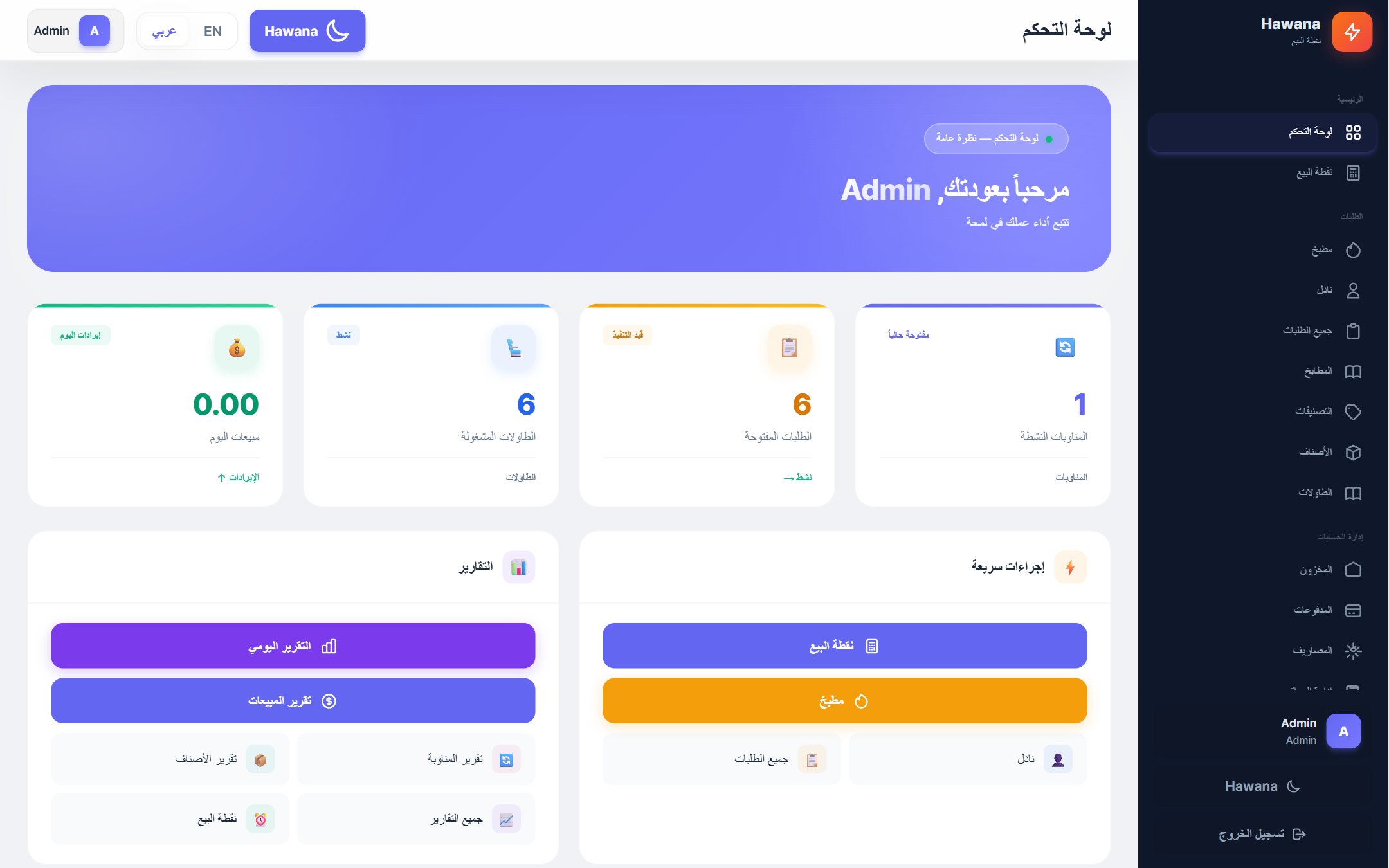 لوحة تحكم نظام المطاعم