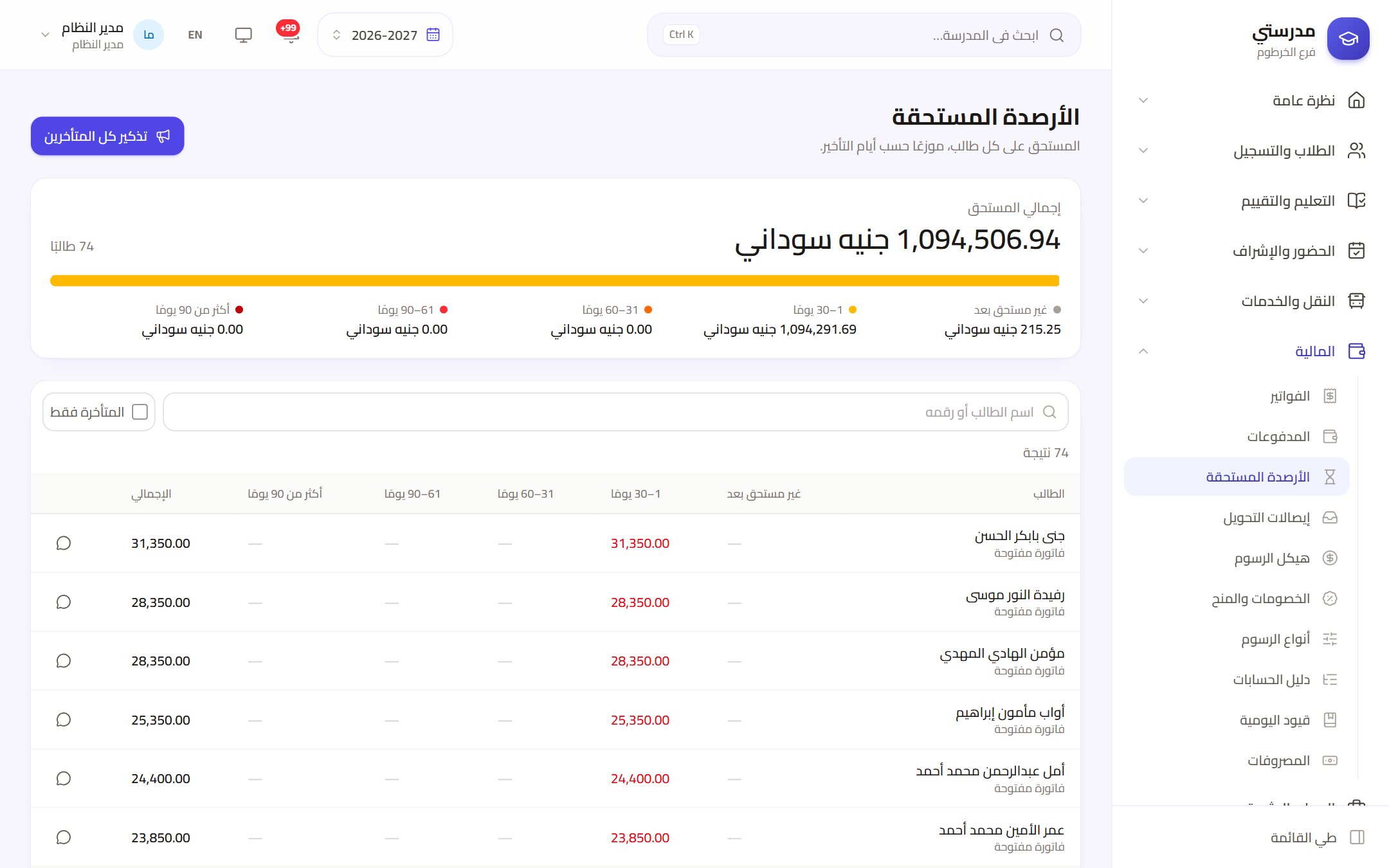 تقرير الأرصدة المستحقة وأعمار الديون