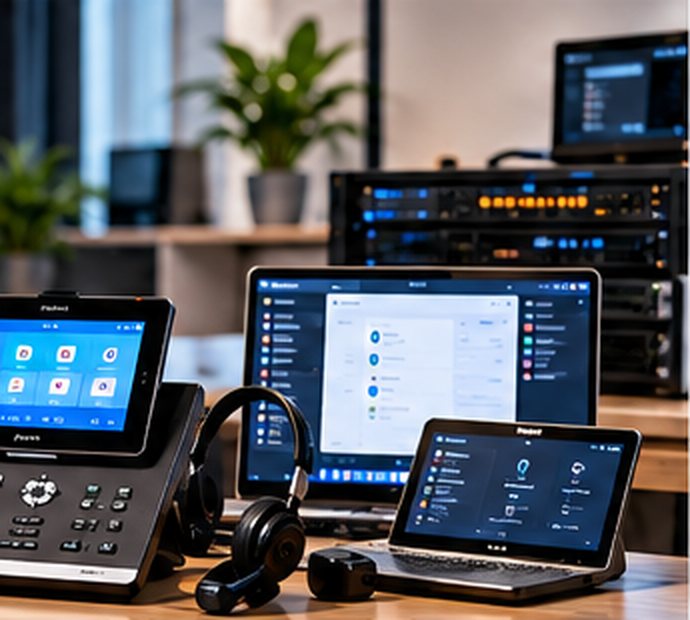 هاتف IP وسماعات رأس وحاسوب محمول وجهاز لوحي على مكتب عمل