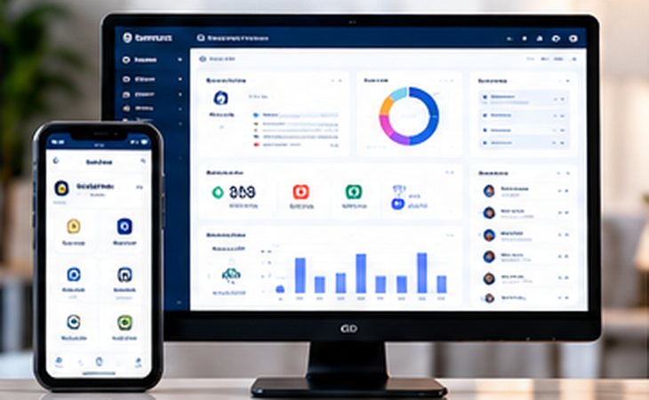 شاشة برنامج إدارة الحضور والتقارير وتطبيق على الهاتف